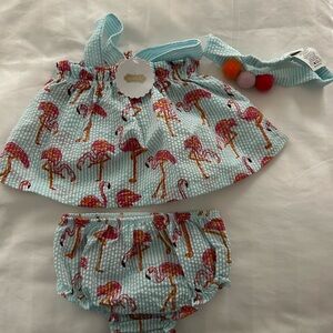 New with tags Mud Pie infant 0-3 months outfit top bloomers headband seersucker